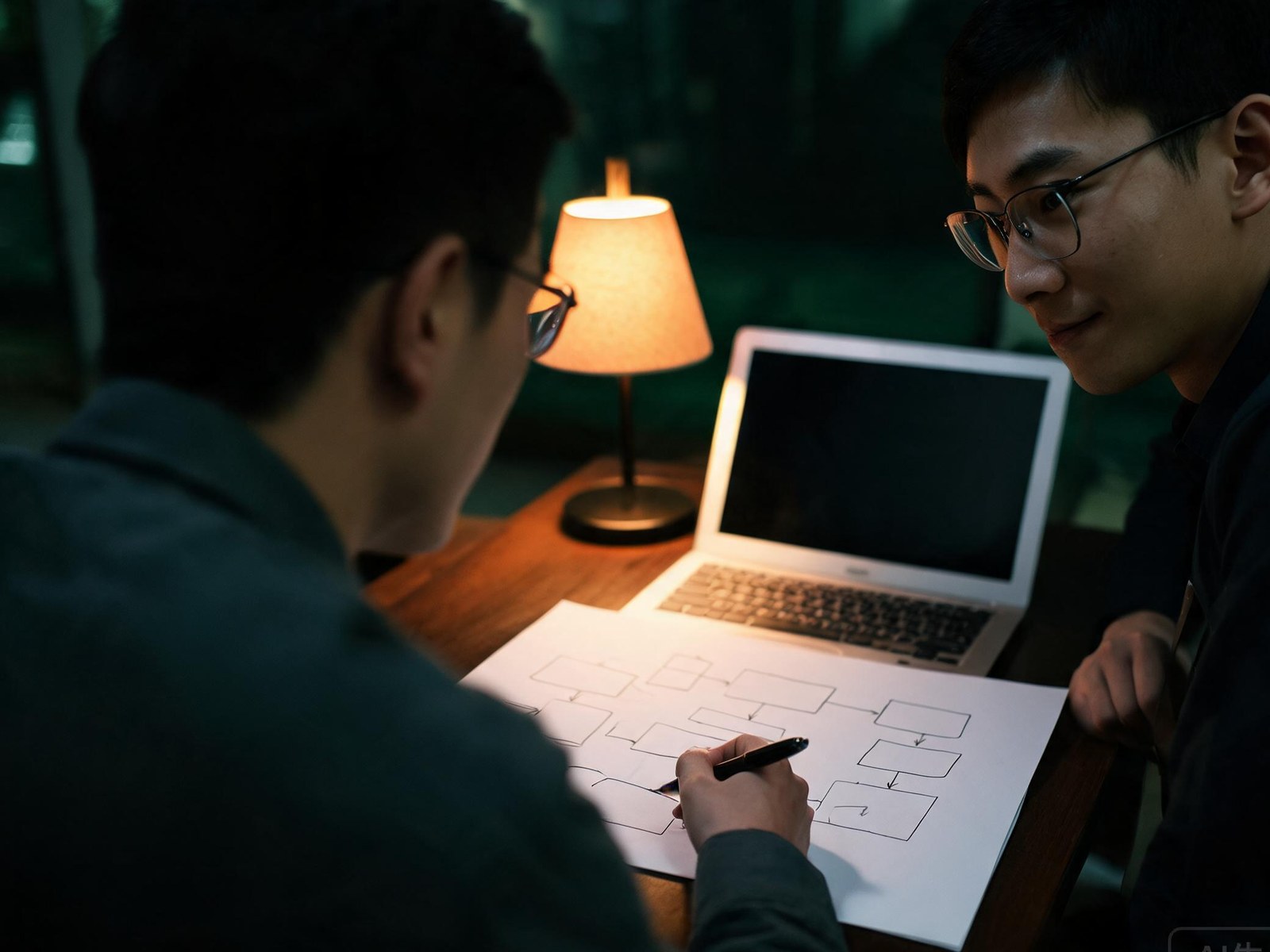 两位工程师在灯下讨论系统架构草图